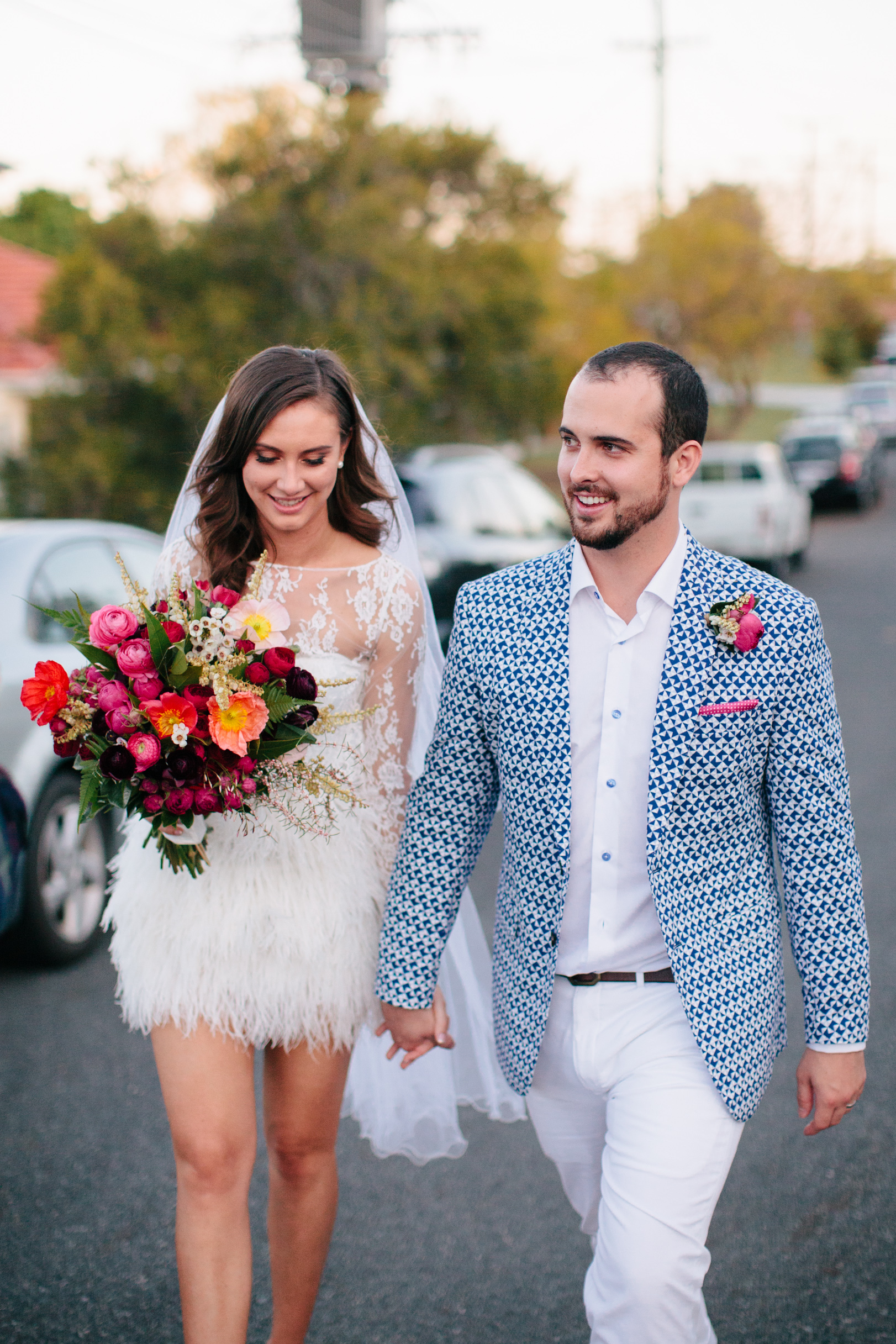 A handsome pair! Glowing bride Al wore a three-piece set from The Babushka Ballerina paired with her mother's veil…